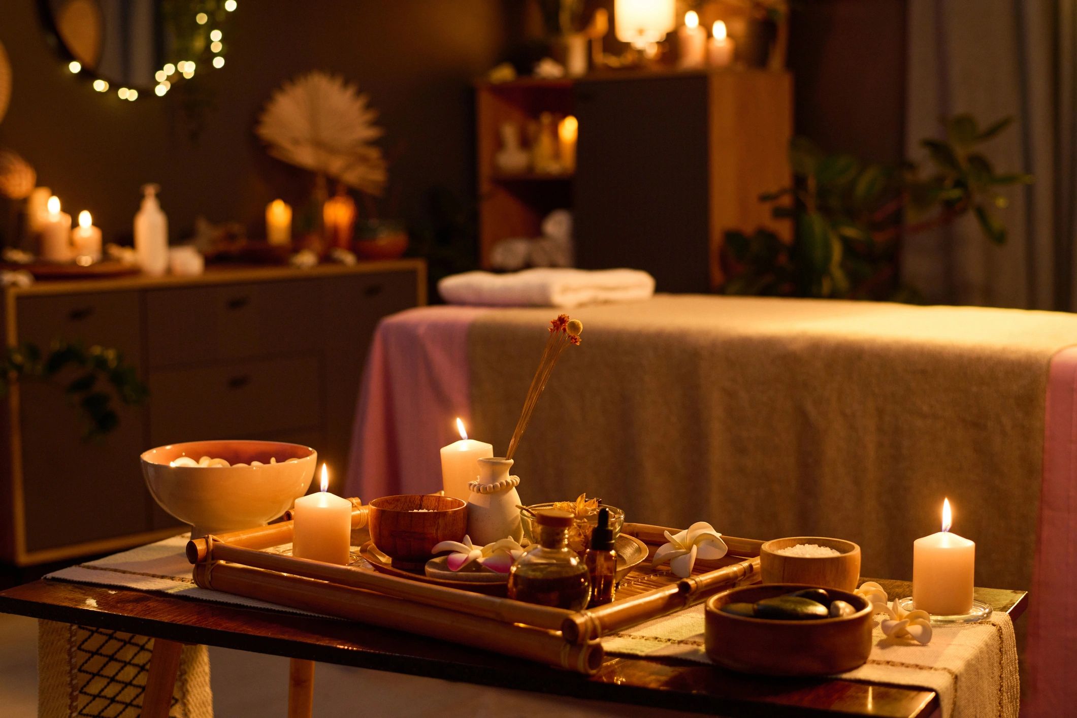 Spa-inspired event setup with candles and ambiance